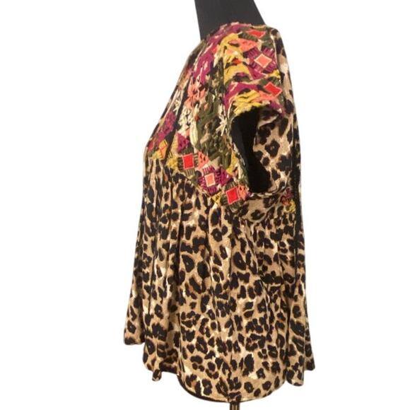 THML Embroidered Boho Top Small Leopard Print Mixed Pattern Tassel Blouse Artsy - Picture 5 of 11